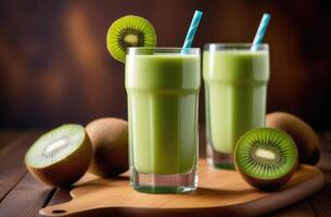 AI generated detoxifying fruit smoothie, Healthy kiwi smoothie, tropical fruits, green diet smoothie for weight loss, healthy eating and nutrition, organic products photo