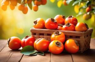 AI generated persimmon tree branches, persimmon orchard, full wicker basket of ripe persimmons on a wooden table, persimmon plantation to the horizon, sunny day photo