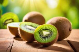 AI generated sliced kiwi fruits on a wooden table, kiwi plantation, tropical kiwi garden, kiwi tree branches, sunny day, Organic Farming photo