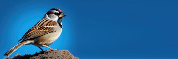 AI generated World Sparrow Day, international Bird Day, little sparrow on a tree branch, blue background, horizontal web banner, place for text photo