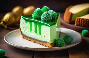 AI generated St. Patrick's Day, traditional Irish pastries, national Irish cuisine, homemade sweets, Green velvet cheesecake, cottage cheese and mint dessert, cake decorated with berries photo