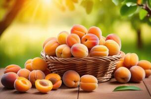 AI generated ripe apricots hang on a branch of an apricot tree, a full wicker basket with apricots on a wooden table, an apricot garden, an apricot plantation, organic farming photo