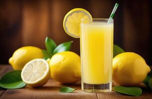 AI generated refreshing summer lemonade, a glass of freshly squeezed lemon juice on a wooden table, citrus drink, ripe lemons photo