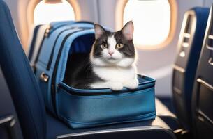 AI generated World Cat Day, traveling with pets, transportation of pets in transport, a cat on a plane, a gray fluffy cat in a carrier photo