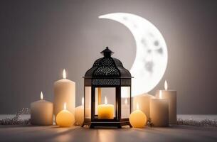 ai generado eid al fitr, santo mes de ramadán, Laylat al qadr, árabe linterna fanus, creciente luna, velas, ligero sombras, gris antecedentes foto
