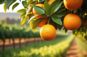 ai generado un naranja cuelga en un rama en de cerca, en el antecedentes de un naranja jardín, plantaciones de naranja arboles a el horizonte, amanecer o puesta de sol luz, soleado día foto