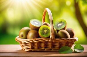 AI generated wicker basket with kiwi on a wooden table, tropical kiwi garden, kiwi tree branches, kiwi plantation, sunny day, Organic Farming photo