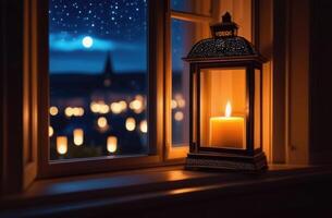 ai generado Laylat al qadr, eid al fitr, santo mes de Ramadán, árabe linterna fans en un de madera ventana umbral, ver desde el ventana, luces de el noche ciudad, mágico atmósfera, luz de la luna foto