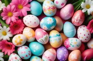 AI generated Easter, lots of colorful painted eggs, delicate pastel shades, patterns and ornaments, spring flowers, top view photo