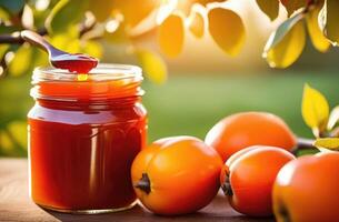 AI generated a full jar of persimmon jam on a wooden table, persimmon tree branches, persimmon orchard, persimmon plantation to the horizon, sunny day photo