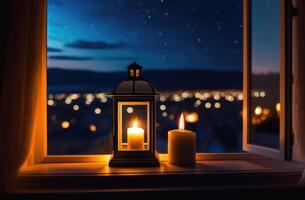 ai generado Laylat al qadr, eid al fitr, santo mes de Ramadán, árabe linterna fans en un de madera ventana umbral, ver desde el ventana, luces de el noche ciudad, mágico atmósfera foto