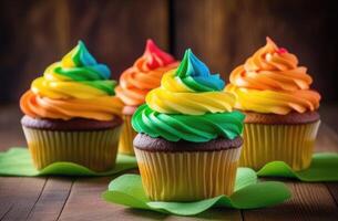 AI generated St. Patrick's Day, national Irish cuisine, traditional Irish pastries, rainbow cupcakes decorated with colorful cream, homemade dessert, Symbol of the LGBT pride community photo