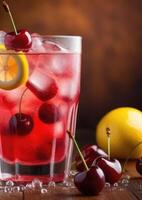 AI generated glass of non-alcoholic cherry lemonade, refreshing drink, detox water, fresh summer cocktail with ice, berry cocktail, beach bar photo