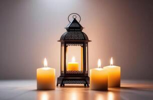 AI generated Laylat al-Qadr, Eid al-Fitr, holy month of Ramadan, Arab lantern fanus, candles, pastel shades, light gray background photo