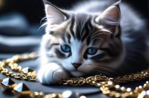 AI generated jewelry salon, jewelry advertising, gold and silver jewelry with precious stones, cute fluffy pet gray kitten, pets in advertising, advertising luxury trend photo