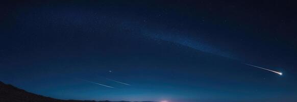 ai generado aviación y cosas de cosmonautas día, internacional día de humano vuelo espacial, cometa vuelo, rastro de un cometa en espacio, lechoso forma, horizontal bandera foto