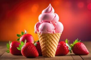 AI generated strawberry ice cream waffle cone, ice cream with fresh berries, berry sweet dessert, summer refreshing dessert on a wooden table photo