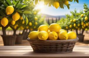 AI generated wicker baskets with ripe lemons on a wooden table, lemon garden to the horizon, lemon tree branches, long lemon plantations, Organic Farming, sunny day, sunset or dawn light photo