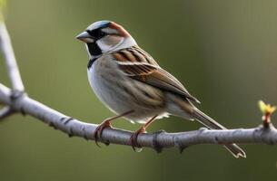 AI generated international Bird Day, World Sparrow Day, little sparrow on a tree branch, sunny day, green background photo