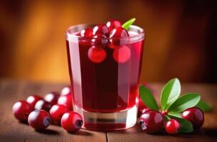 AI generated Cranberry juice, lingonberry juice in a glass, summer refreshing drink, non-alcoholic berry cocktail photo