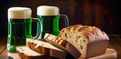 AI generated St. Patrick's Day, national Irish cuisine, traditional Irish pastries, Irish brown bread, malt bread, green beer mug photo