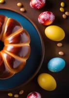 AI generated Easter, Easter dessert, traditional Easter pastries, national Greek pie tsureki, sweet bread korek, kozunak, panaret, colored eggs, wooden table, top view photo