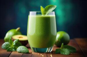 AI generated Healthy green smoothie made from fresh fruits and vegetables, diet smoothie for weight loss, healthy eating and nutrition, organic products photo