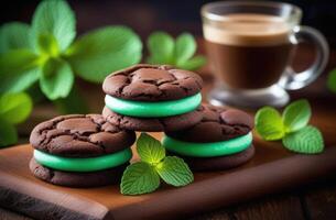 AI generated St. Patrick's Day, traditional Irish pastries, national Irish cuisine, mint cookies with chocolate filling, chocolate dessert, mint cream, mint leaves, coffee mug photo