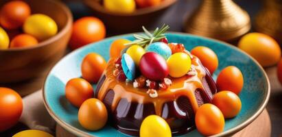 AI generated Easter, traditional Easter pastries, Easter dessert, national Irish simnel cake decorated with marzipan balls and flowers, colored eggs, wooden table, caramel glaze photo