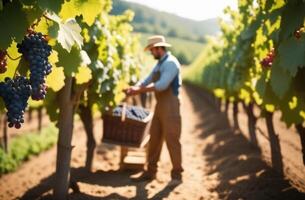 AI generated a man working in hats is harvesting, bunches of grapes hanging from a branch, a grape plantation, a summer vineyard, harvesting, wine production, a sunny day photo