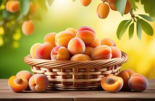 AI generated a full wicker basket with apricots on a wooden table, ripe apricots hanging on an apricot tree branch, apricot orchard, apricot plantation, organic farming photo
