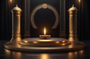 AI generated golden magic podium, illuminated pedestal, copper candlesticks, golden glow, round premium podium, majestic columns, burning candles, on a black background photo