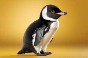 ai generado mundo pingüino día, gracioso pequeño pingüino, linda bebé pájaro, amarillo antecedentes foto