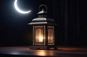 ai generado Laylat al qadr, eid al fitr, santo mes de ramadán,lunar mes, Arábica linterna fans en un de madera mesa, resplandor y estrellas, mágico atmósfera, oscuro antecedentes foto