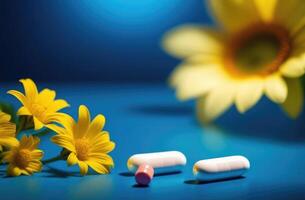 AI generated International Women's Day for Medical Professionals, World Nurses Day, National Doctor's Day, Health day, Pills and capsules, Yellow chamomile, Blue background photo