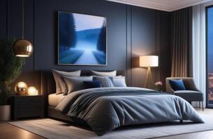 AI generated World Sleep Day, modern bedroom interior, cozy atmosphere, luxury hotel, double bed, white bed linen, blue shades, warm night lighting, dark wallpaper, stylish painting, indoor plants photo