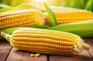 AI generated ripe corn cob on a wooden table, harvesting, against the background of a vegetable garden, corn field, healthy food and organic farming, sunny day photo