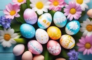 AI generated Easter, lots of colorful painted eggs, delicate pastel shades, patterns and ornaments, spring flowers, top view, blue wooden background photo