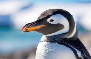 AI generated World Penguin Day, adult penguin, close-up, far north, kingdom of ice and snow, snowy coast, iceberg in the ocean, frosty sunny day photo