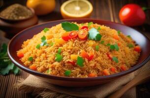 AI generated International Day of Nowruz, traditional Iranian and Turkic cuisine, national Uzbek pilaf, carrots and greens, Halim ashi photo