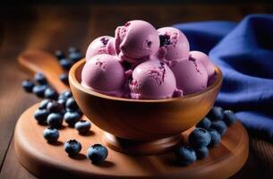 AI generated berry sweet dessert, blueberry ice cream balls, ice cream with fresh berries, summer refreshing dessert, wooden table photo