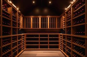 AI generated old cellar with bottles and barrels, wine cellar, wooden wine shelves, aesthetic storage, home winery, expensive alcoholic beverages photo