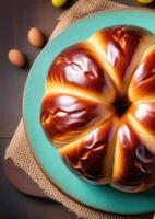 ai generado Pascua de Resurrección, tradicional Pascua de Resurrección pasteles, Pascua de Resurrección postre, nacional griego tarta tsureki, dulce un pan coreano, kozunak, panaret, de colores huevos, de madera mesa, parte superior ver foto