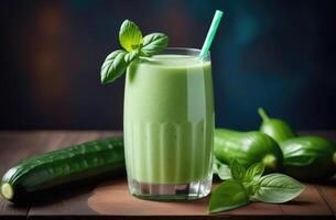 AI generated Healthy green cucumber smoothie, mint and basil, diet smoothie for weight loss, healthy eating and nutrition, organic products, detoxifying green smoothie photo