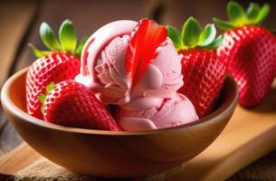 ai generado baya dulce postre, fresa hielo crema pelotas, hielo crema con Fresco bayas, verano refrescante postre en un de madera mesa foto