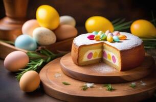 ai generado Pascua de Resurrección, Pascua de Resurrección postre, tradicional Pascua de Resurrección pasteles, nacional irlandesa Simnel pastel, decorado con de colores huevos, de madera mesa foto