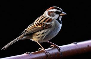 AI generated international Bird Day, World Sparrow Day, little sparrow on a tree branch, black background photo