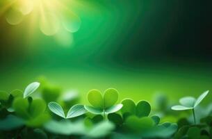 AI generated St. Patrick's Day, abstract green background, bokeh effect, golden glow, clover leaves, place for text photo
