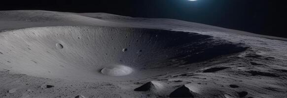 ai generado aviación y cosas de cosmonautas día, internacional día de humano vuelo espacial, cráter en el superficie de el luna, espacio expedición, vida en espacio, horizontal bandera foto