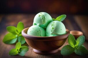 AI generated St. Patrick's Day, national Irish cuisine, traditional Irish dish, summer dessert, mint ice cream, vegan ice cream balls, mint leaves photo